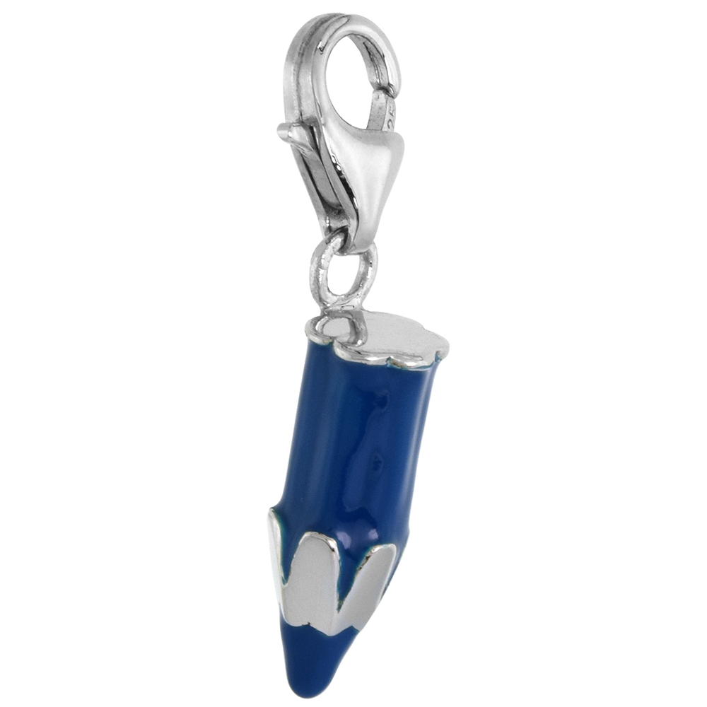 STERLING SILVER ENAMEL NAVY BLUE PENCIL CHARM WITH LOBSTER CLASP FOR BRACELETS WOMEN 3/4 INCH