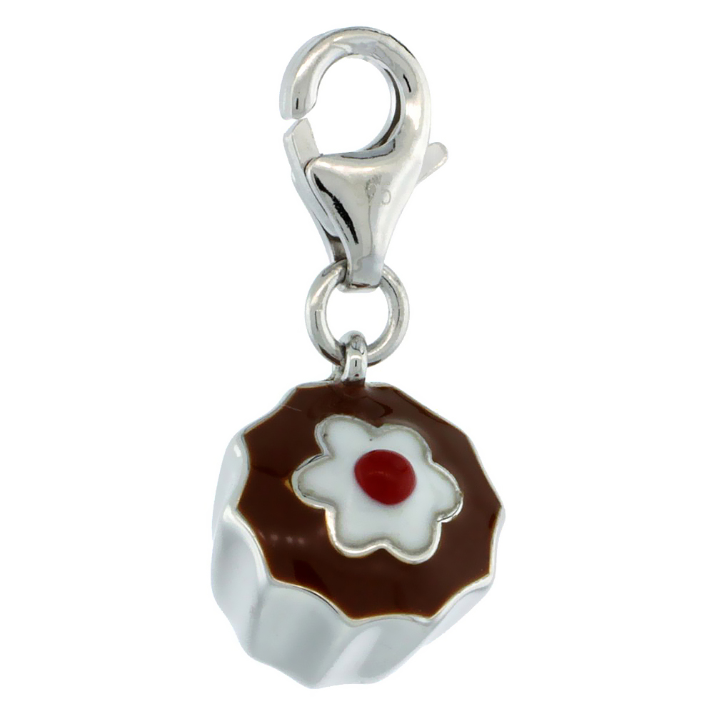 STERLING SILVER ENAMEL BROWN CUPCAKE CHARM WITH LOBSTER CLASP FOR BRACELETS WOMEN 1/2 INCH