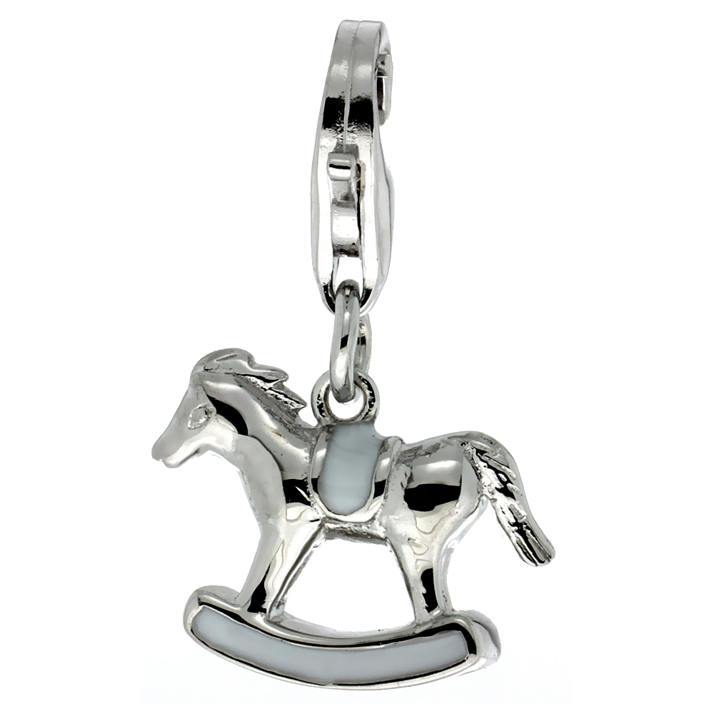 STERLING SILVER ENAMEL WHITE ROCKING HORSE CHARM WITH LOBSTER CLASP FOR BRACELETS WOMEN 9/16 INCH