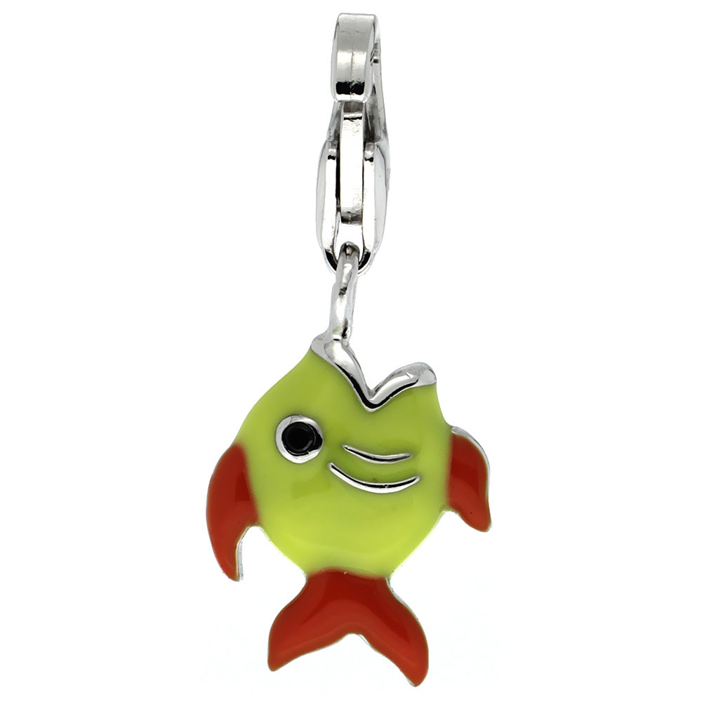 STERLING SILVER ENAMEL RED & YELLOW TROPICAL FISH CHARM WITH LOBSTER CLASP FOR BRACELETS WOMEN 11/16 INCH