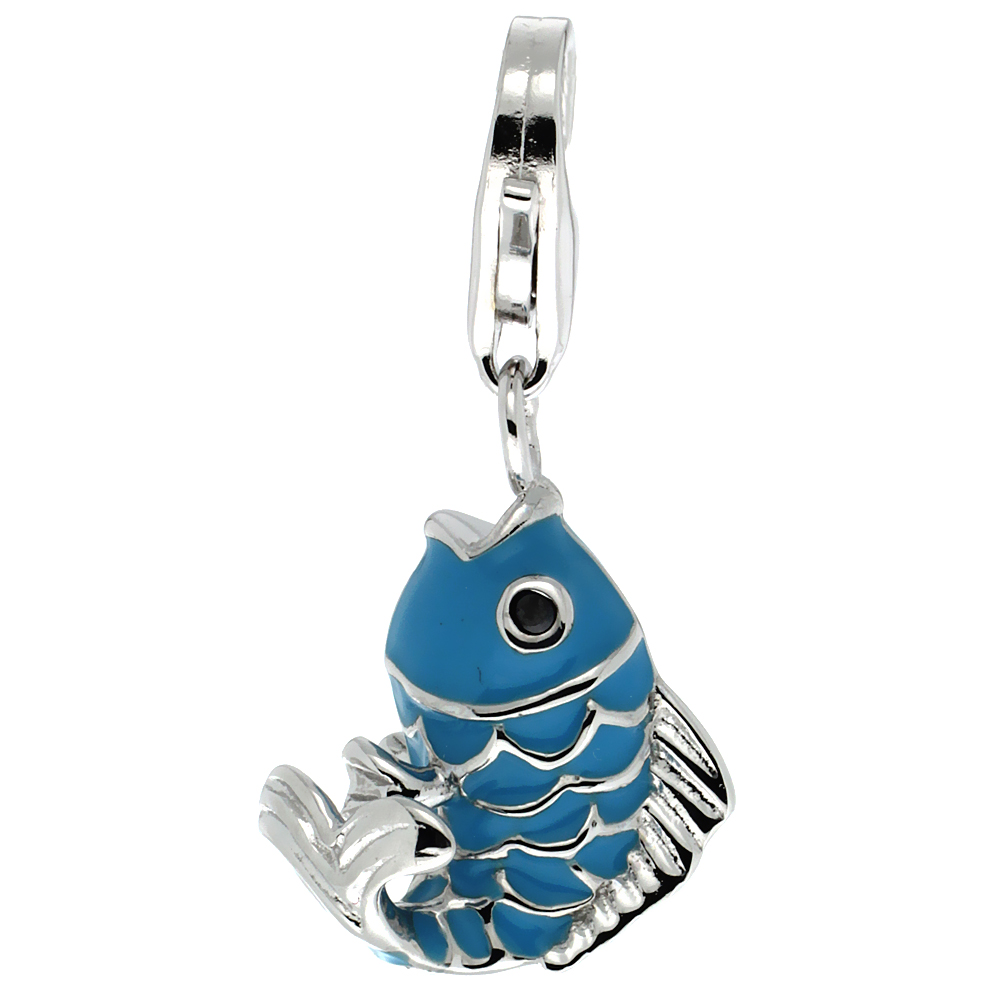 STERLING SILVER ENAMEL BLUE FISH CHARM WITH LOBSTER CLASP FOR BRACELETS WOMEN 11/16 INCH