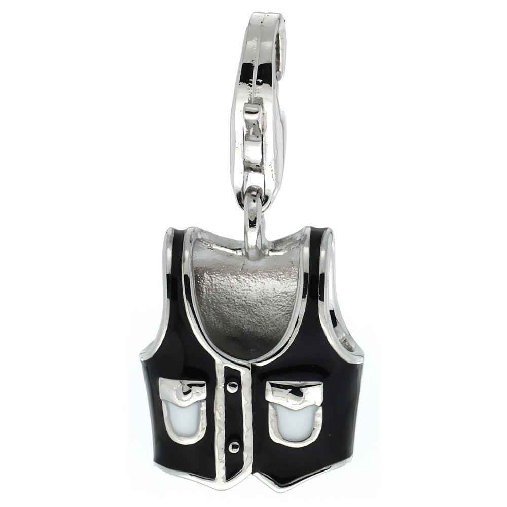 STERLING SILVER ENAMEL BLACK MENS VEST CHARM WITH LOBSTER CLASP FOR BRACELETS WOMEN 9/16 INCH