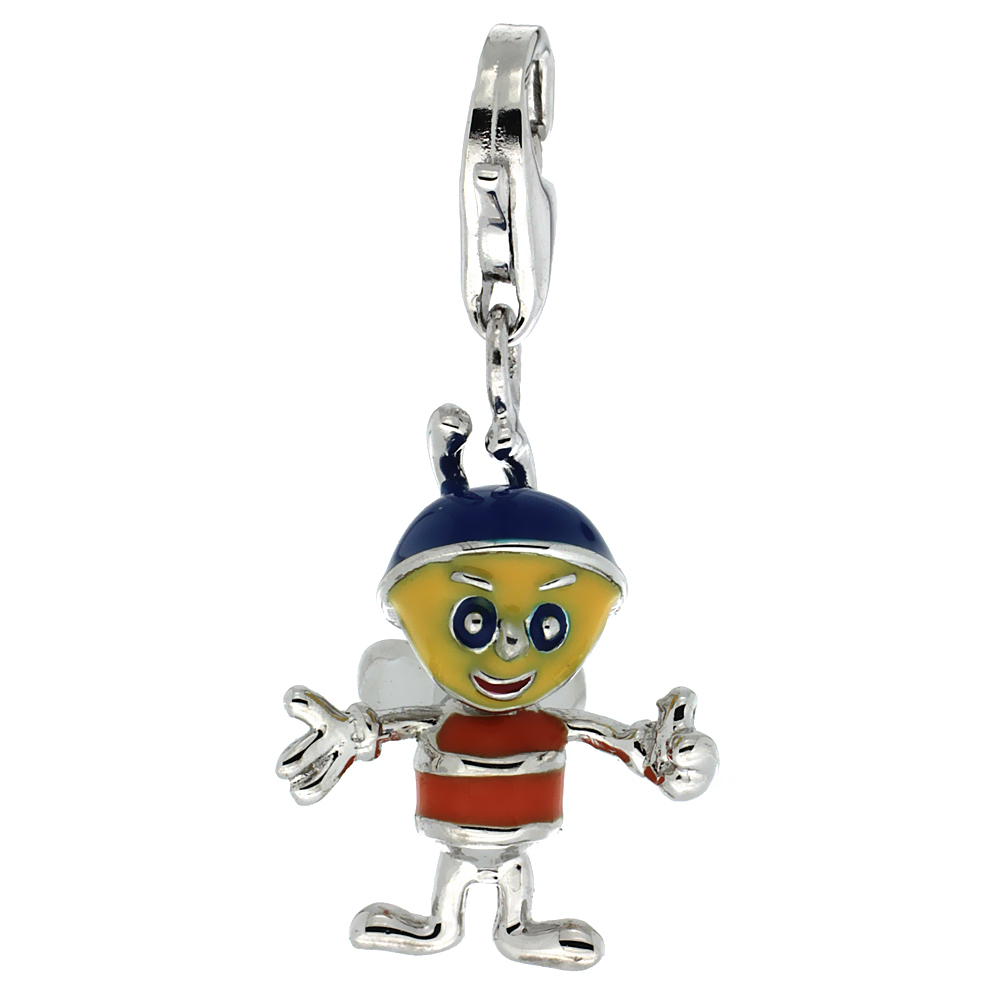 Sterling Silver Enamel Multicolor Boy Bee Charm with Lobster Clasp for Bracelets Women 13/16 inch