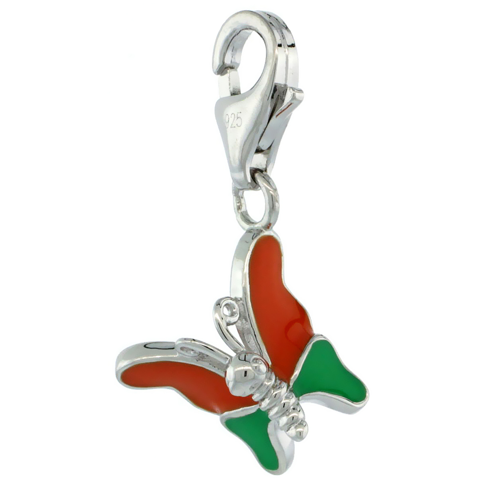 STERLING SILVER ENAMEL RED & GREEN BUTTERFLY CHARM WITH LOBSTER CLASP FOR BRACELETS WOMEN 11/16 INCH