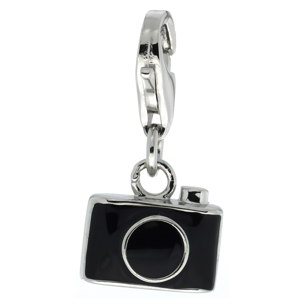 STERLING SILVER ENAMEL BLACK CAMERA CHARM WITH LOBSTER CLASP FOR BRACELETS WOMEN 7/16 INCH