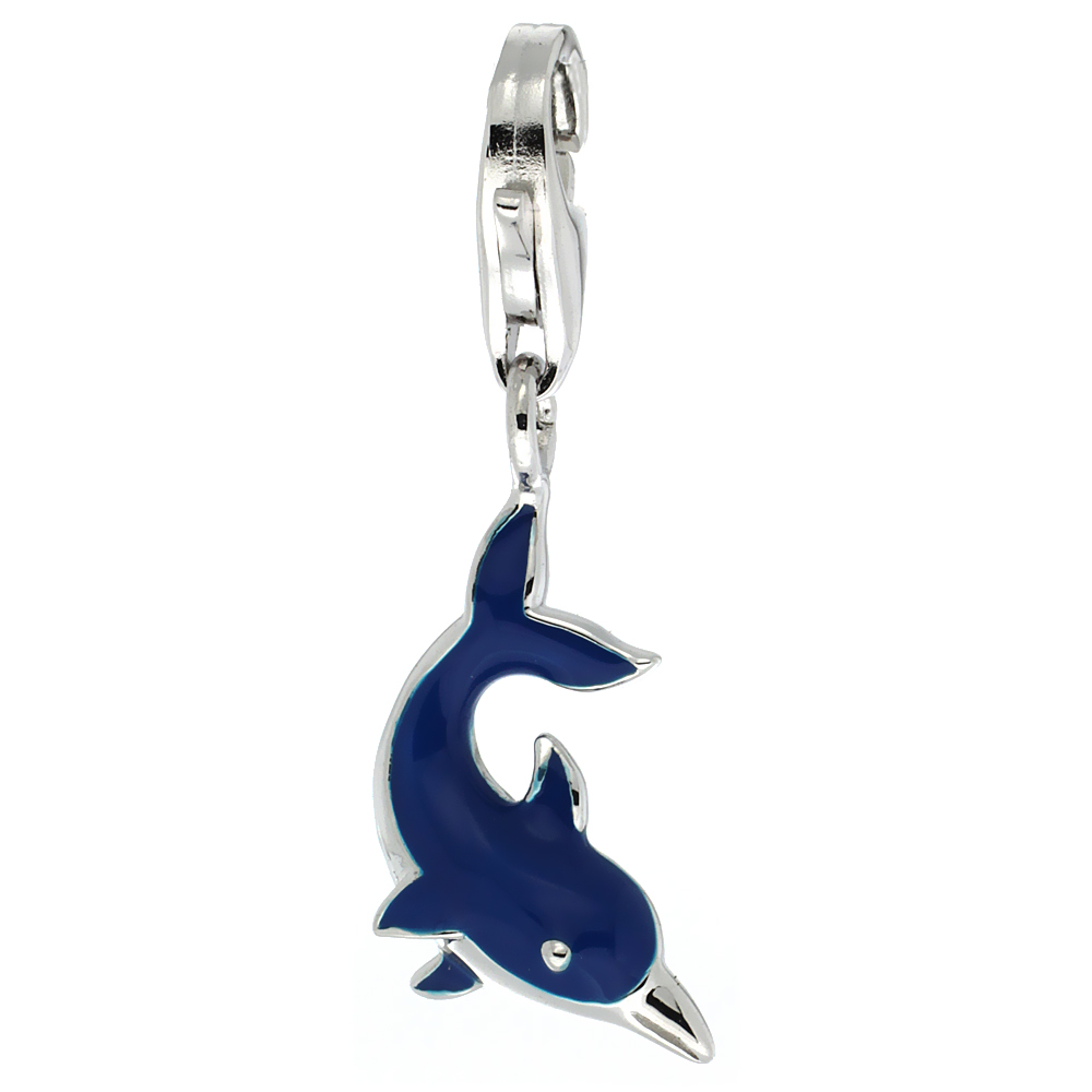 STERLING SILVER ENAMEL BLUE DOLPHIN CHARM WITH LOBSTER CLASP FOR BRACELETS WOMEN 13/16 INCH