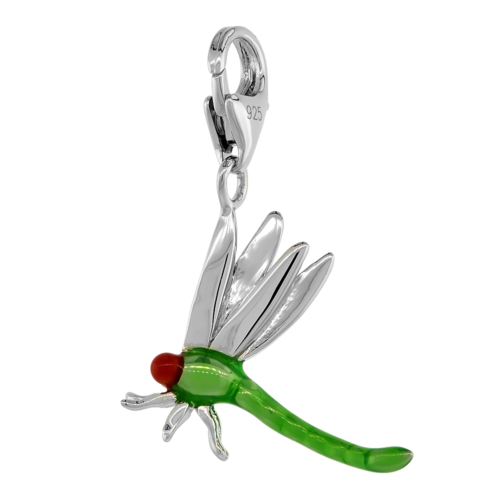 STERLING SILVER ENAMEL RED & GREEN DRAGONFLY CHARM WITH LOBSTER CLASP FOR BRACELETS WOMEN 13/16 INCH