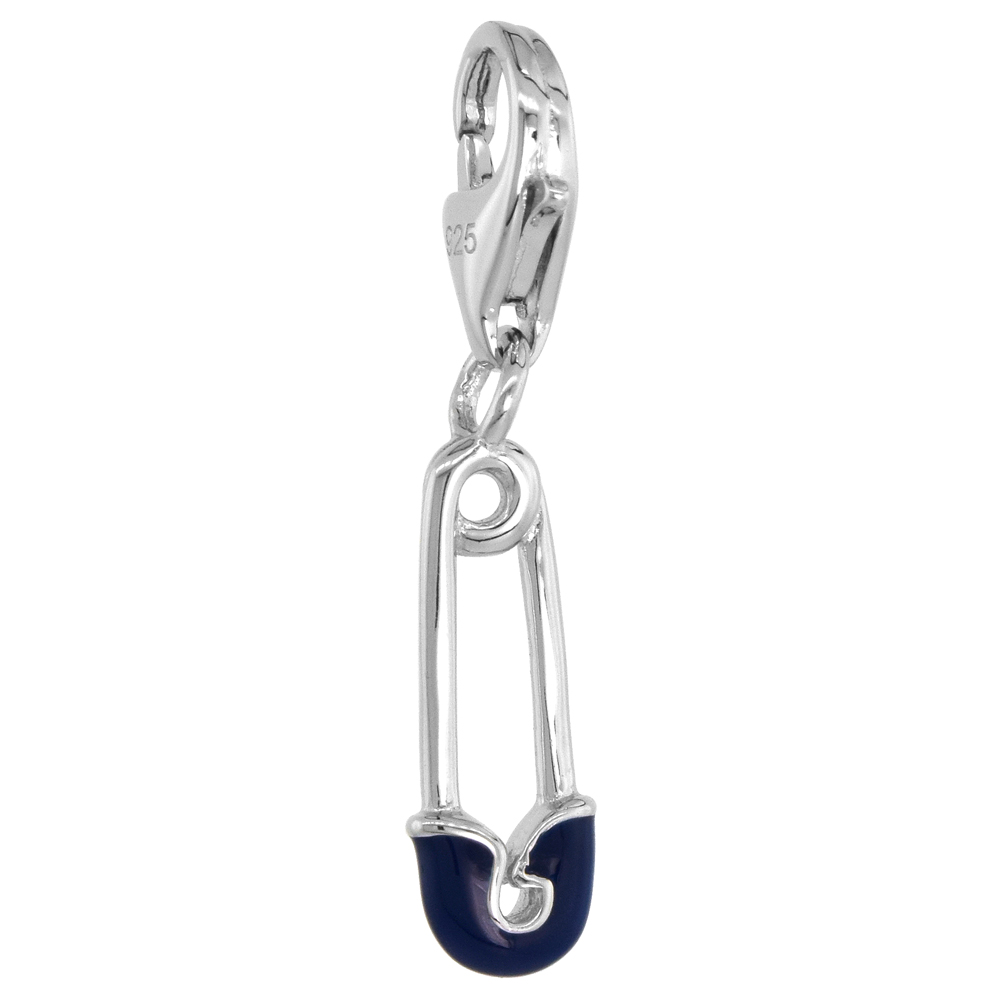 STERLING SILVER ENAMEL BLUE SAFETY PIN CHARM WITH LOBSTER CLASP FOR BRACELETS WOMEN 3/4 INCH
