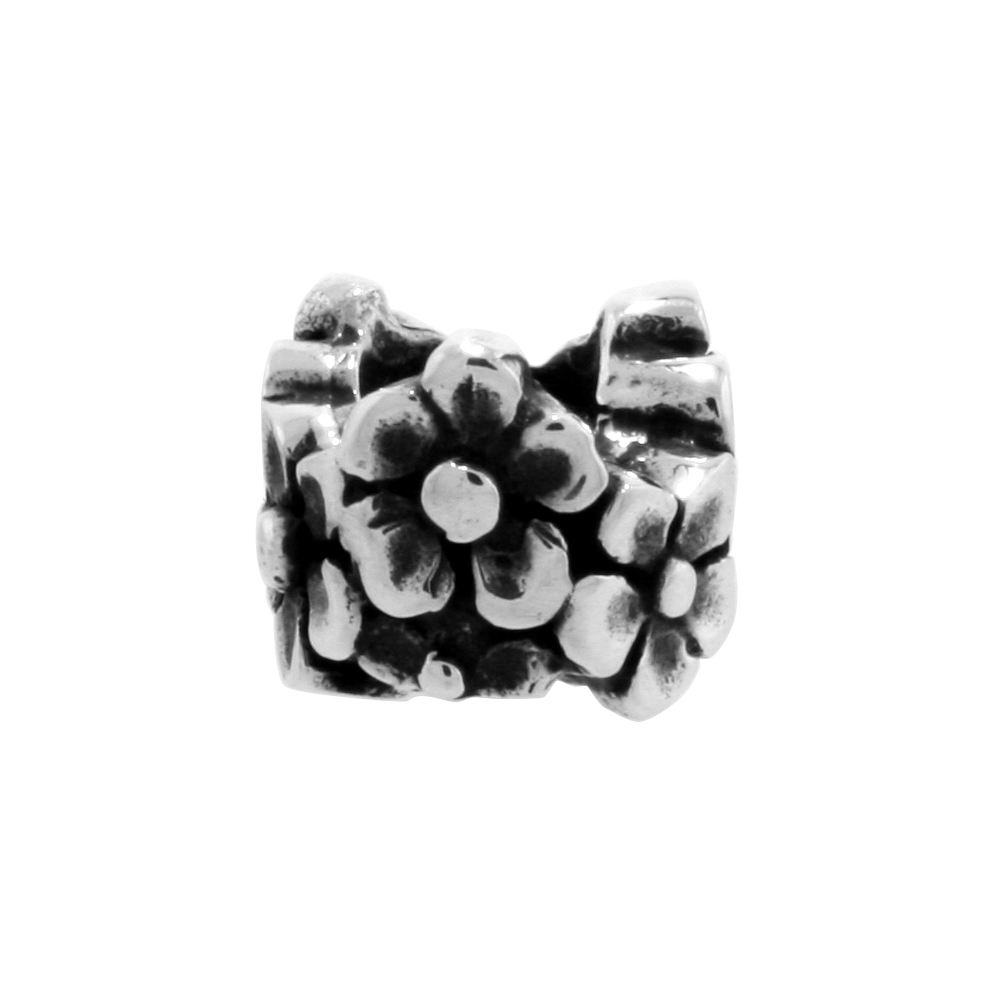 STERLING SILVER FLORAL CHARM BEAD FOR CHARM BRACELETS FITS 3MM SNAKE CHAIN BRACELETS OXIDIZED FINISH