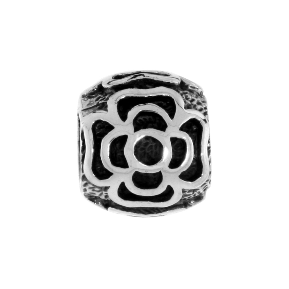 STERLING SILVER FLOWER CHARM BEAD FOR CHARM BRACELETS FITS 3MM SNAKE CHAIN BRACELETS OXIDIZED FINISH