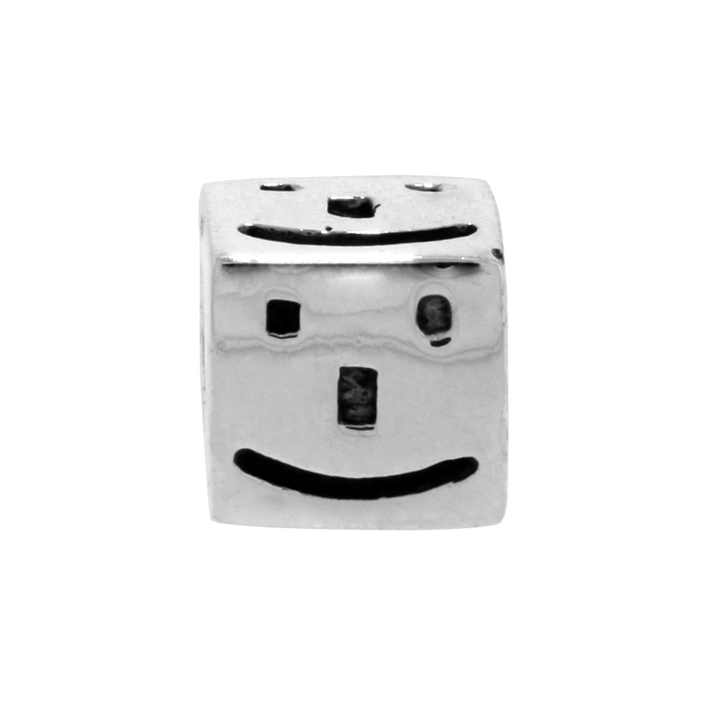 STERLING SILVER DIGITIZED HAPPY FACE CHARM FOR CHARM BRACELETS CUBE BEAD FITS 3MM SNAKE CHAIN BRACELETS OXIDIZED FINISH