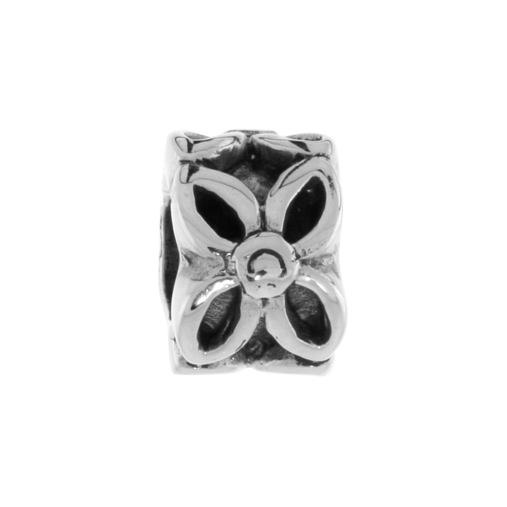 STERLING SILVER 4 PETAL FLOWER CHARM BEAD FOR CHARM BRACELETS FITS 3MM SNAKE CHAIN BRACELETS OXIDIZED FINISH