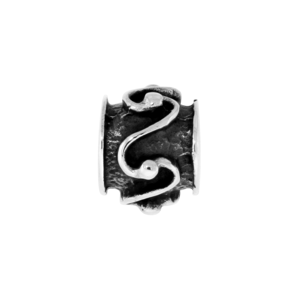 STERLING SILVER RELIEF S SCROLLS CHARM BEAD FOR CHARM BRACELETS FITS 3MM SNAKE CHAIN BRACELETS OXIDIZED FINISH