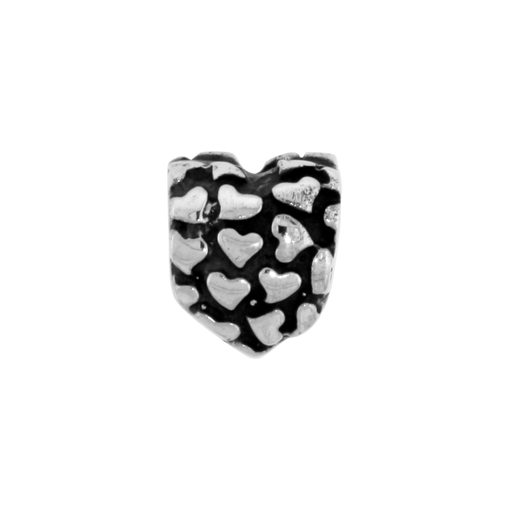 STERLING SILVER TINY HEARTS CHARM BEAD FOR CHARM BRACELETS FITS 3MM SNAKE CHAIN BRACELETS OXIDIZED FINISH