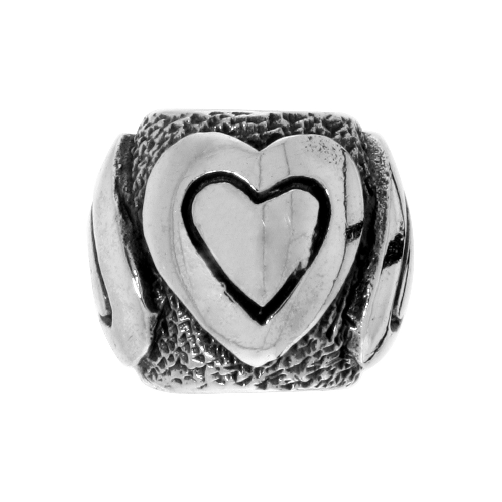 STERLING SILVER CONCENTRIC HEARTS CHARM BEAD FOR CHARM BRACELETS FITS 3MM SNAKE CHAIN BRACELETS OXIDIZED FINISH