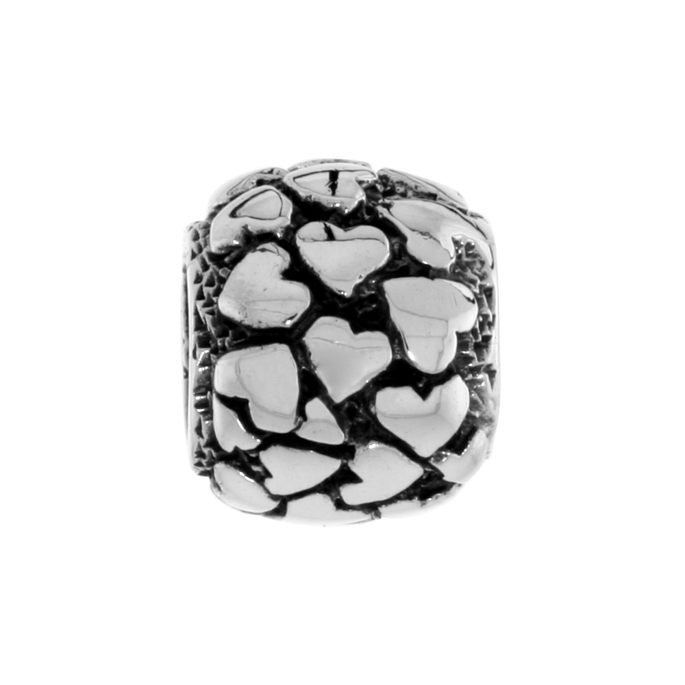 STERLING SILVER HEART PEBBLES CHARM BEAD FOR CHARM BRACELETS FITS 3MM SNAKE CHAIN BRACELETS OXIDIZED FINISH