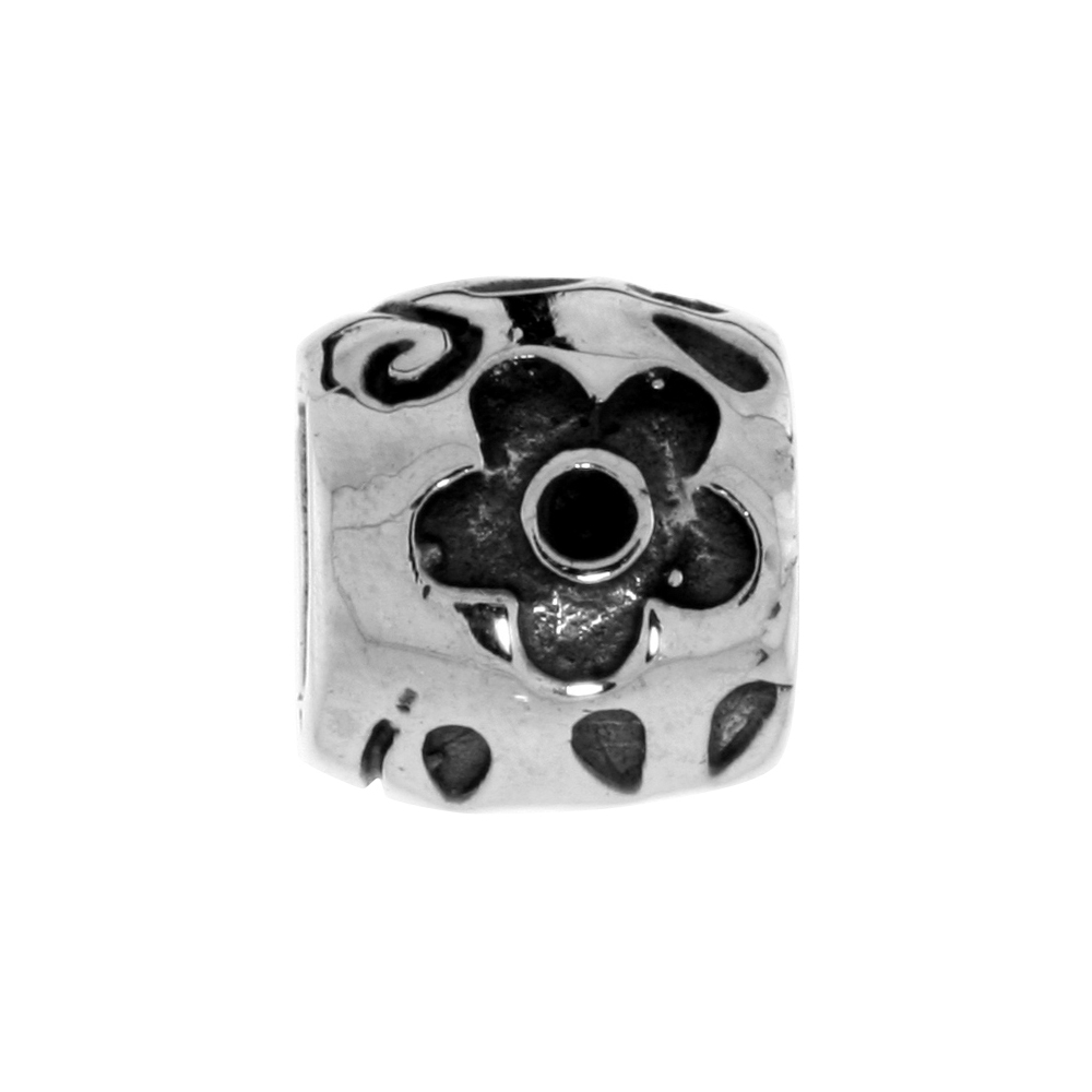 STERLING SILVER 5 PETAL FLOWER CHARM BEAD FOR CHARM BRACELETS FITS 3MM SNAKE CHAIN BRACELETS OXIDIZED FINISH
