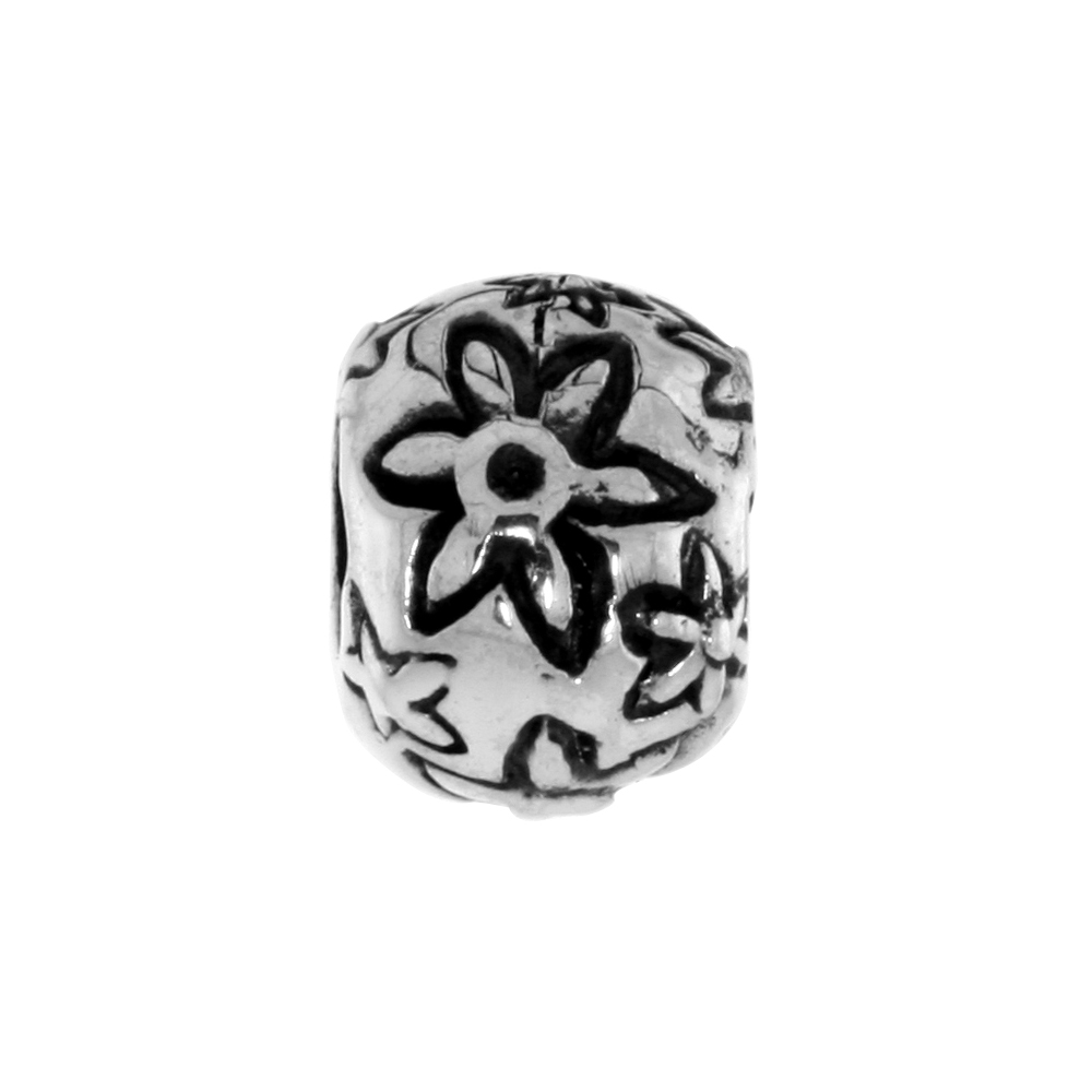 STERLING SILVER FLORAL PATTERN CHARM BEAD FOR CHARM BRACELETS FITS 3MM SNAKE CHAIN BRACELETS OXIDIZED FINISH