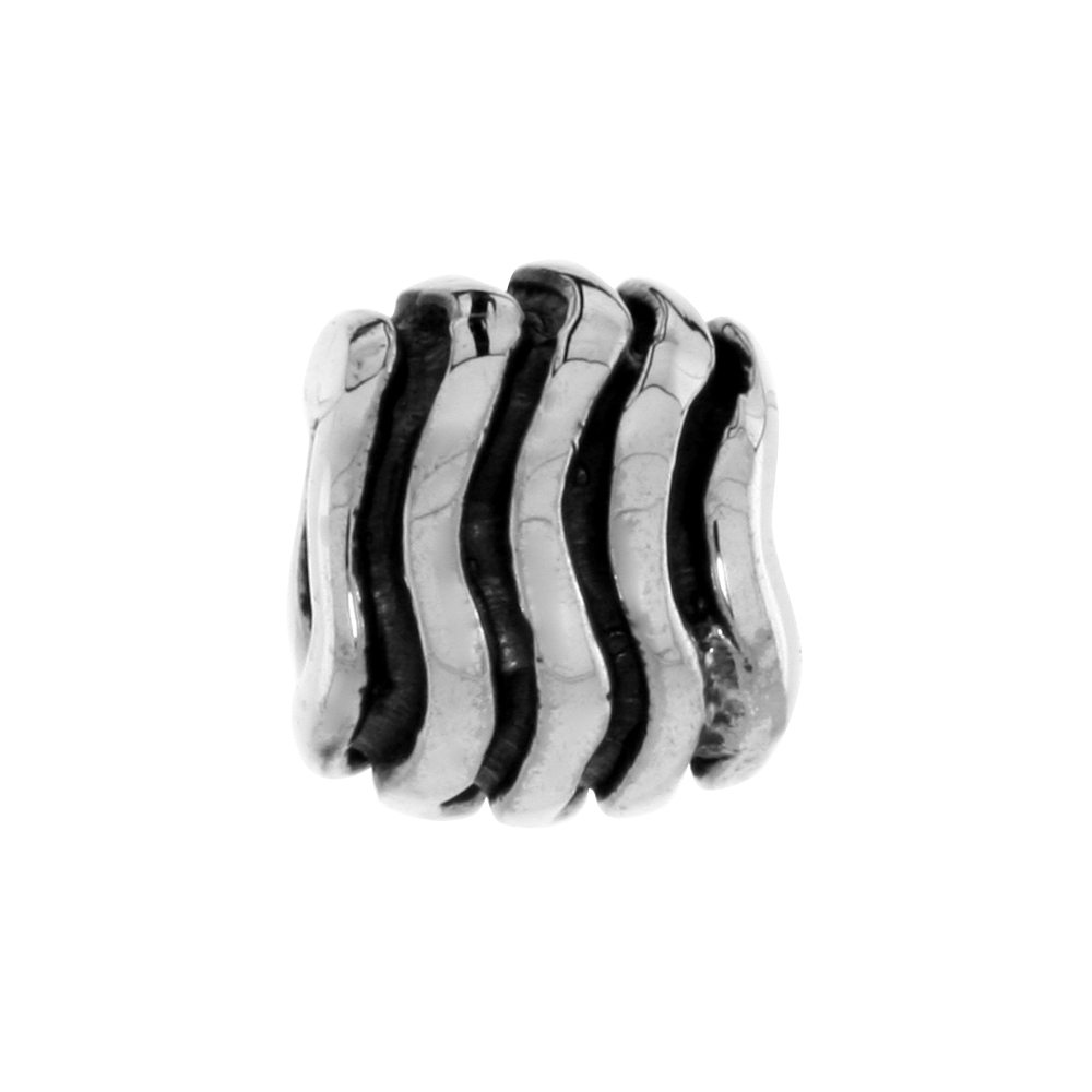 STERLING SILVER WAVY STRIPES CHARM BEAD FOR CHARM BRACELETS FITS 3MM SNAKE CHAIN BRACELETS OXIDIZED FINISH