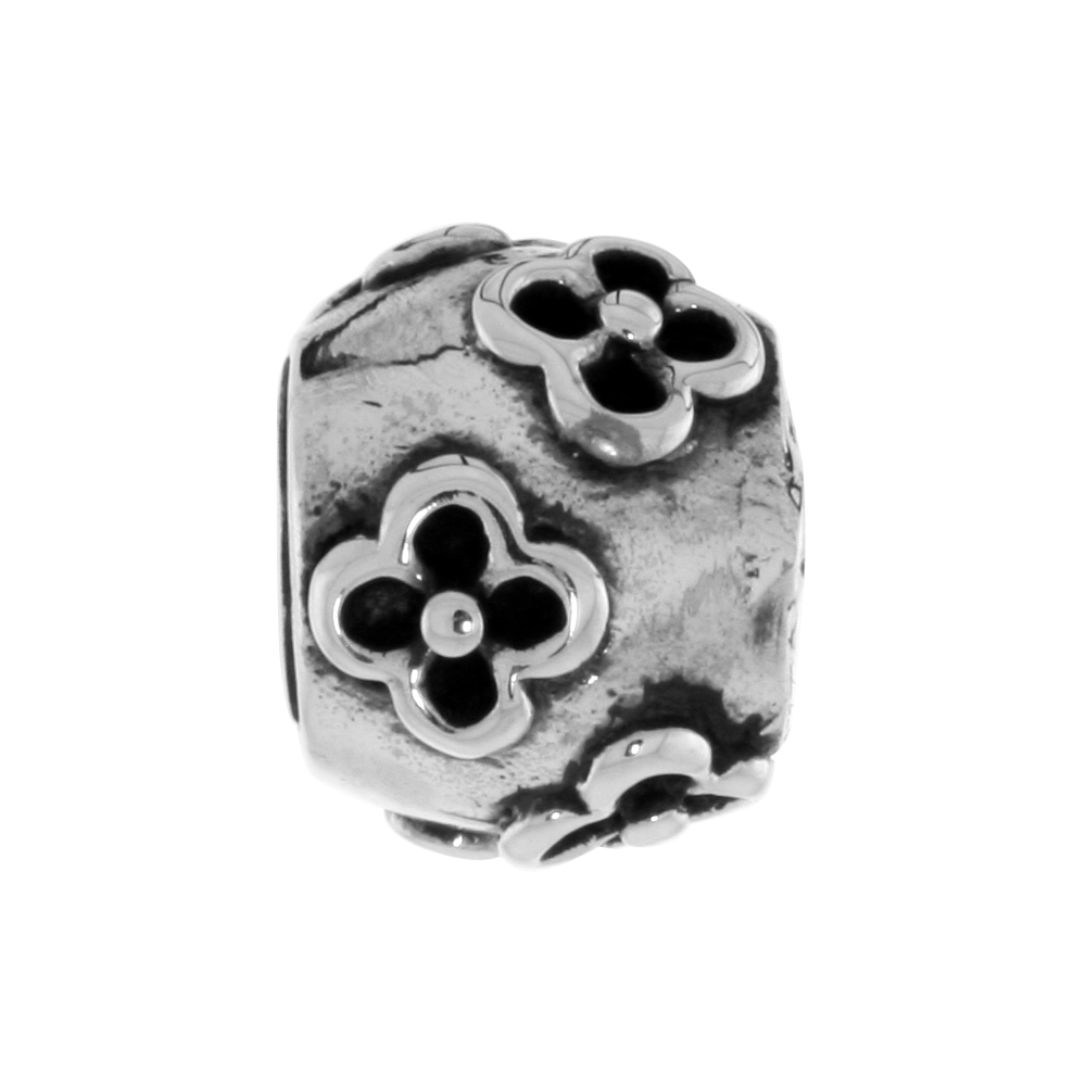 STERLING SILVER FOUR PETAL FLOWER CHARM BEAD FOR CHARM BRACELETS FITS 3MM SNAKE CHAIN BRACELETS OXIDIZED FINISH