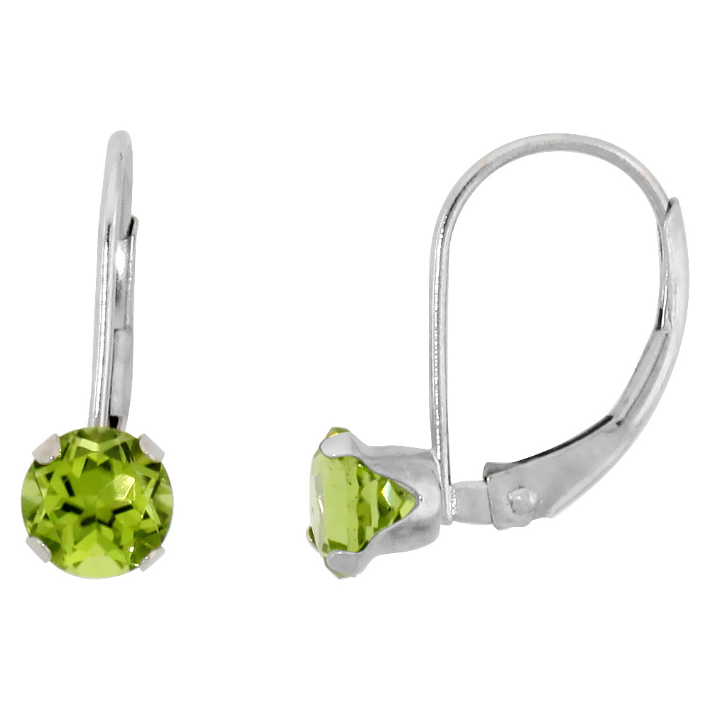 10K WHITE GOLD NATURAL PERIDOT LEVERBACK EARRINGS 5MM BRILLIANT CUT AUGUST BIRTHSTONE, 9/16 INCH LONG