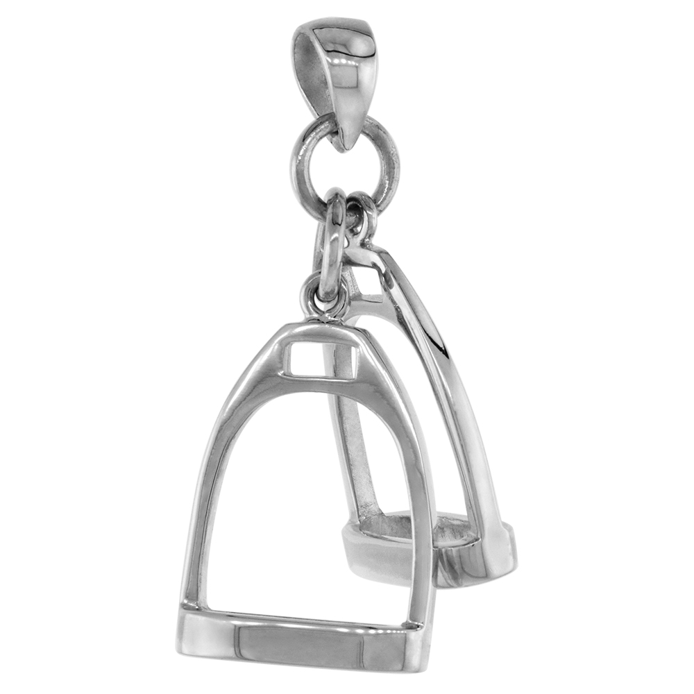 STERLING SILVER PAIR OF STIRRUPS PENDANT FOR WOMEN FLAWLESS HIGH POLISH FINISH 3/4 INCH TALL