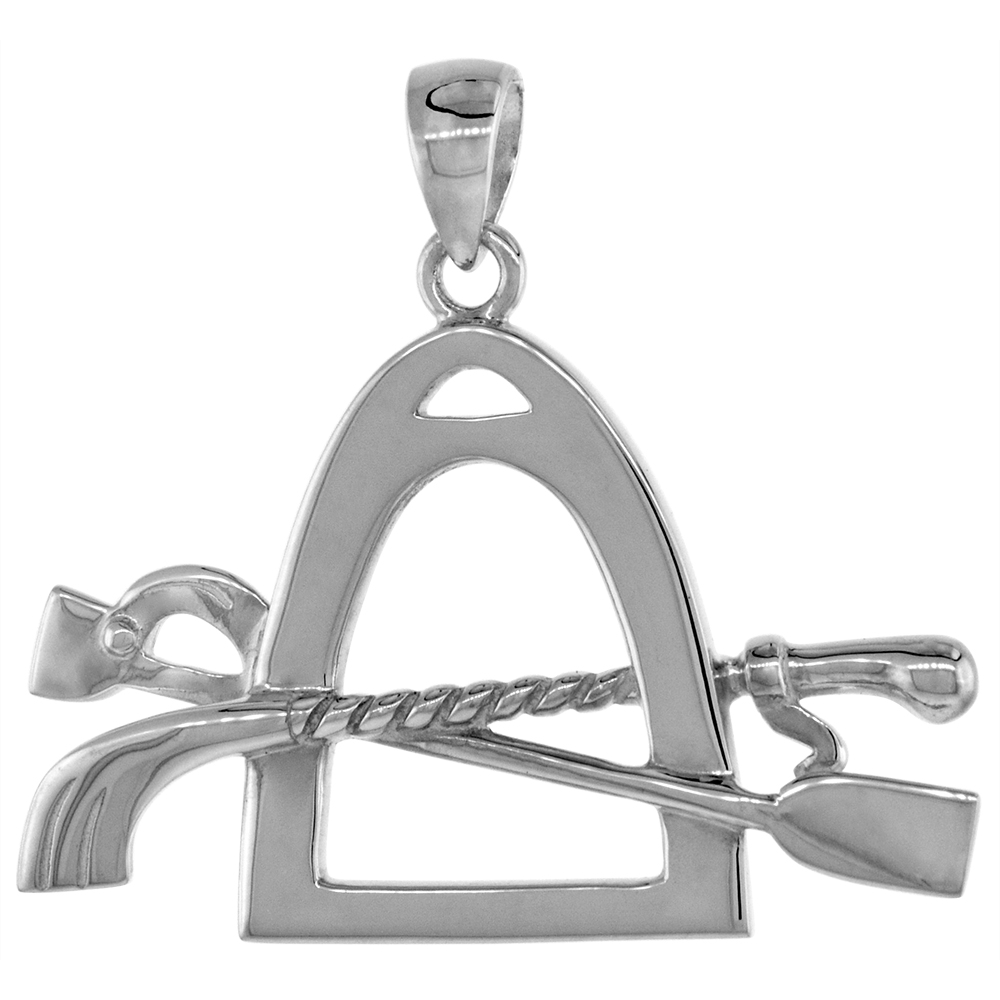 STERLING SILVER STIRRUP PENDANT FOR WOMEN WITH HORSE WHIP AND RIDING CROP FLAWLESS HIGH POLISH FINISH 7/8 INCH TALL