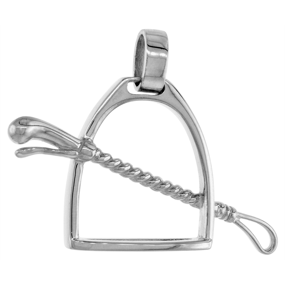 STERLING SILVER HORSE STIRRUP PENDANT FOR WOMEN WITH HORSE WHIP FLAWLESS HIGH POLISHED FINISH 7/8 INCH TALL