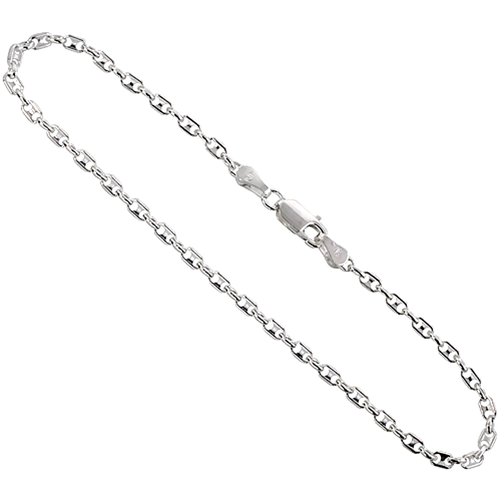 STERLING SILVER PUFFED ANCHOR CHAIN NECKLACES & BRACELETS 2.4MM NICKEL FREE ITALY, SIZES 7 - 30 INCH