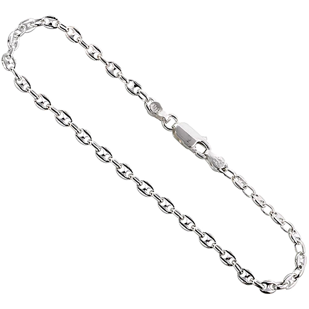 STERLING SILVER PUFFED ANCHOR CHAIN NECKLACES & BRACELETS 3.4MM NICKEL FREE ITALY, SIZES 7 - 30 INCH