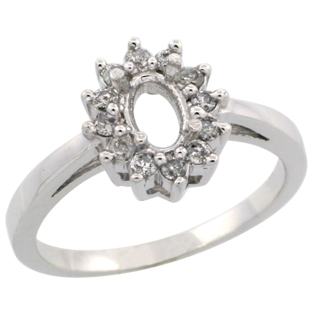 10k White Gold Semi-Mount Ring ( 6x4 mm ) Oval Stone &amp; 0.22 ct Diamond Accents, sizes 5 - 10