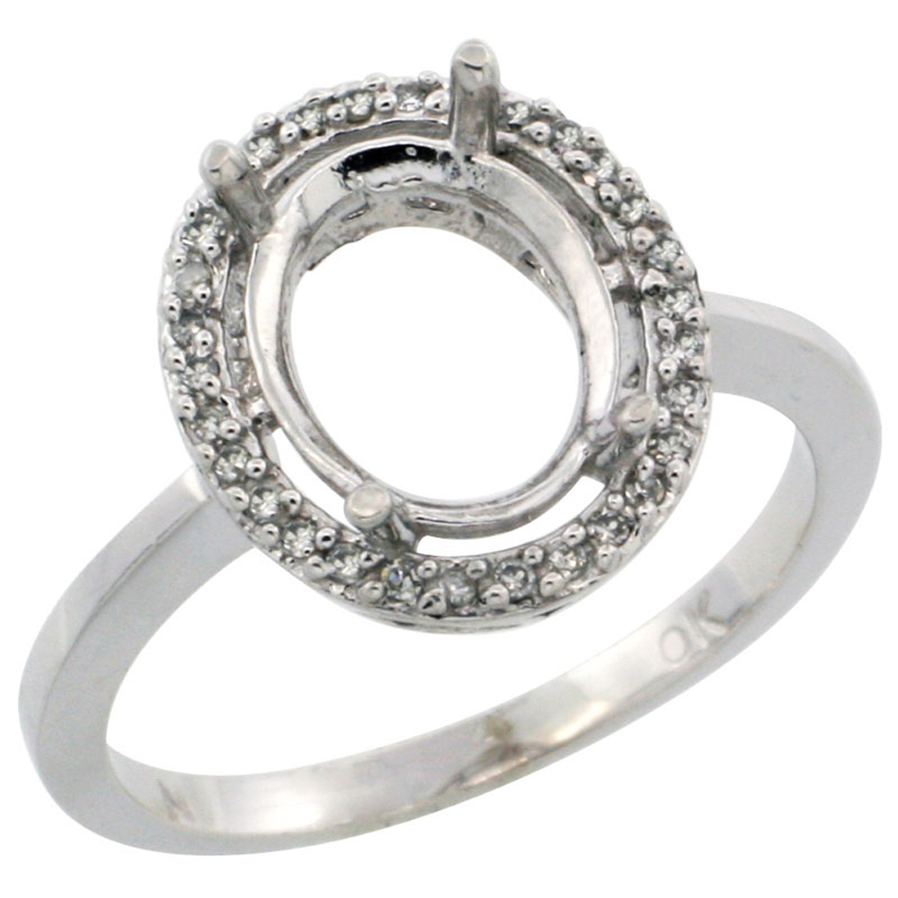 10k White Gold Semi-Mount Ring ( 10x8 mm ) Oval Stone & 0.15 ct Diamond Accents, sizes 5 -10