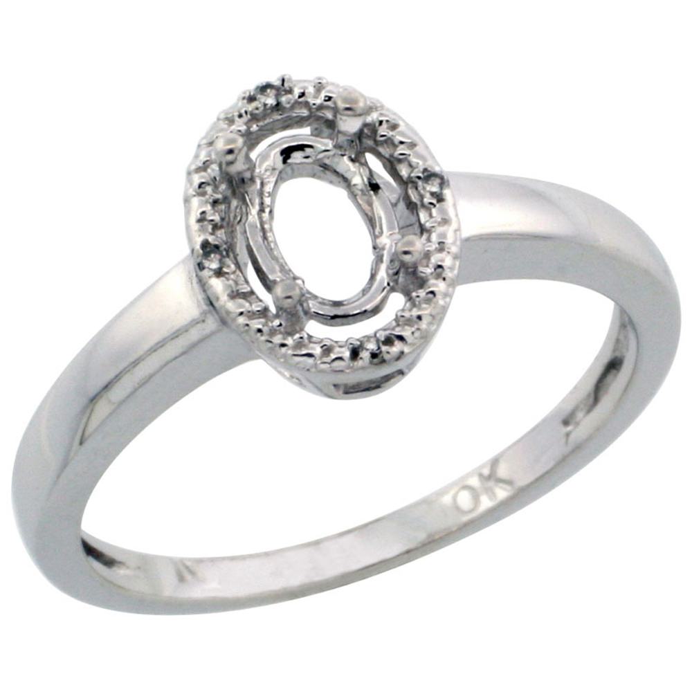 10k White Gold Semi-Mount Ring ( 6x4 mm ) Oval Stone &amp; 0.03 ct Diamond Accent, sizes 5 - 10