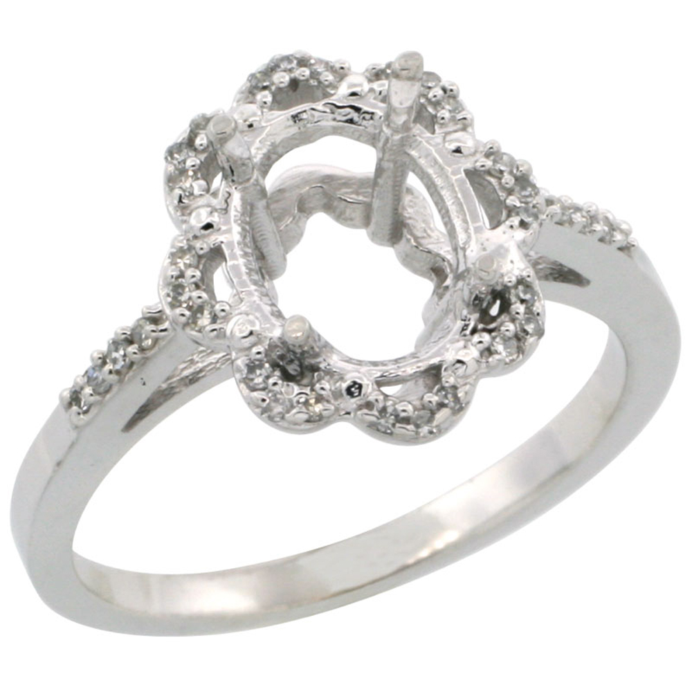 10k White Gold Semi-Mount Floral Ring ( 9x7 mm ) Oval Stone & 0.1 ct Diamond Accent, sizes 5 - 10