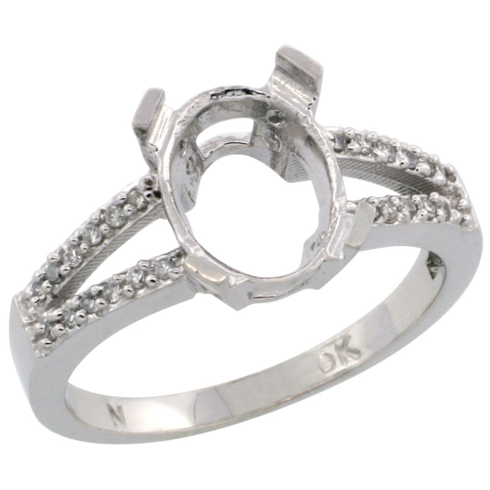 10k White Gold Semi-Mount Ring ( 10x8 mm ) Oval Stone &amp; 0.15 ct Diamond Accent, sizes 5 - 10