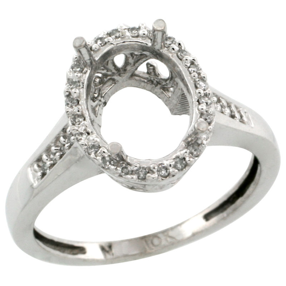 10k White Gold Semi-Mount Ring ( 10x8 mm ) Oval Stone & 0.2 ct Diamond Accent, sizes 5 - 10