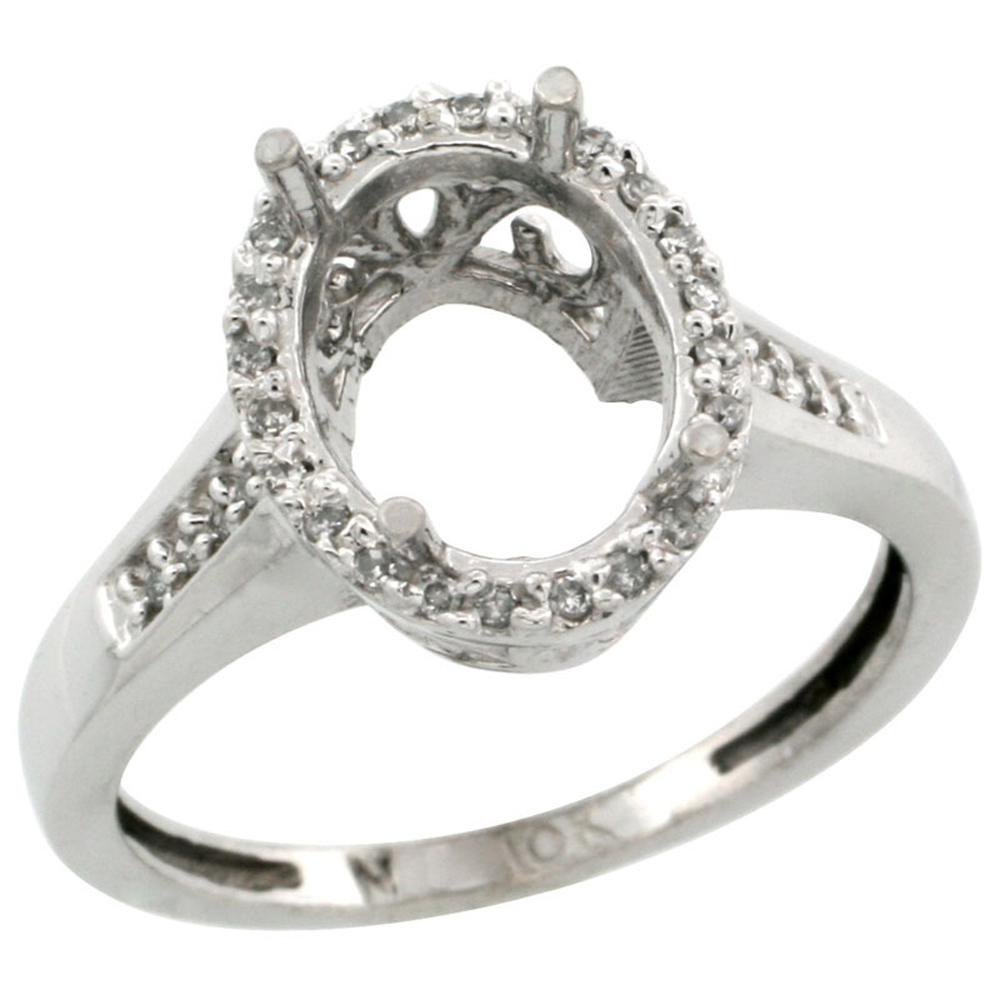 10k White Gold Semi-Mount Ring ( 10x8 mm ) Oval Stone &amp; 0.2 ct Diamond Accent, sizes 5 - 10