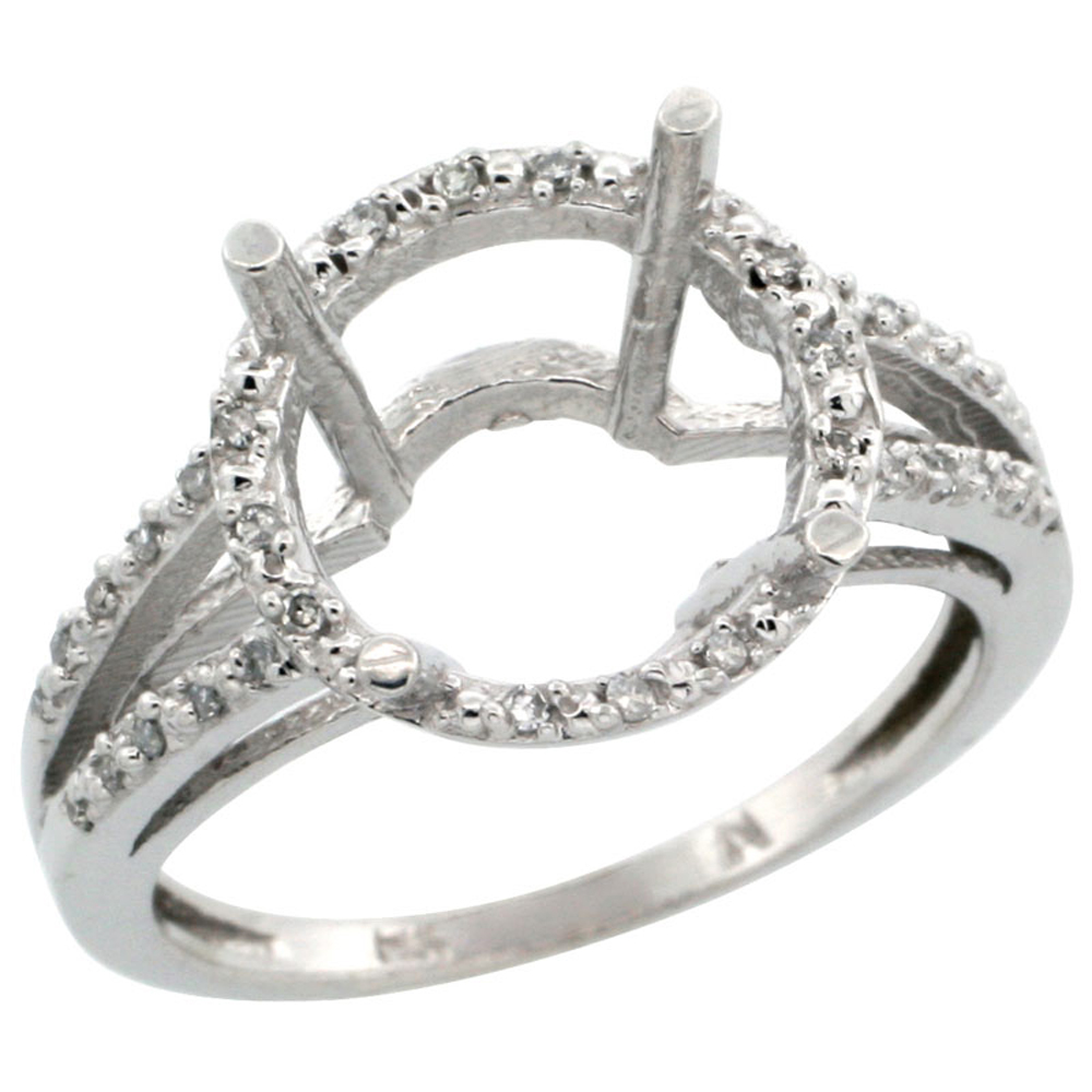 10k White Gold Semi-Mount Ring ( 11 mm ) Large Round Stone & 0.15 ct Diamond Accent, sizes 5 - 10