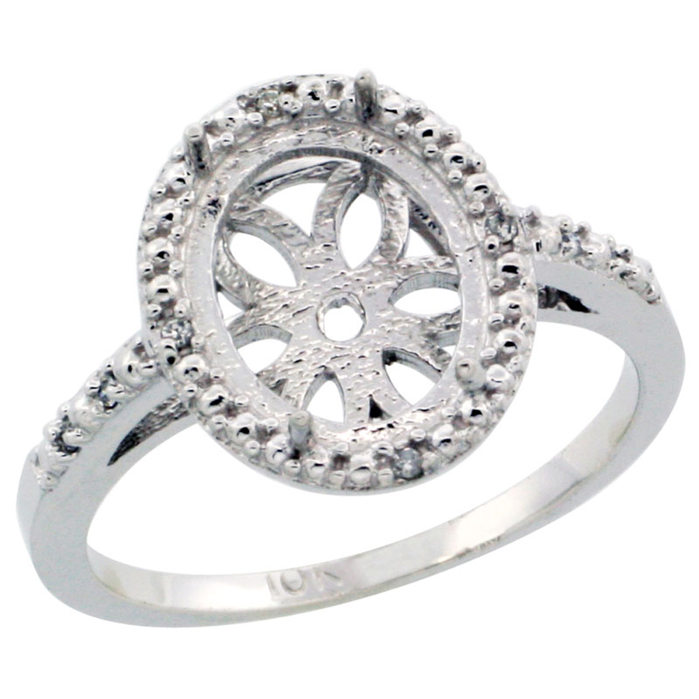 10k White Gold Semi-Mount Ring ( 10x8 mm ) Oval Stone &amp; 0.05 ct Diamond Accent, sizes 5 - 10