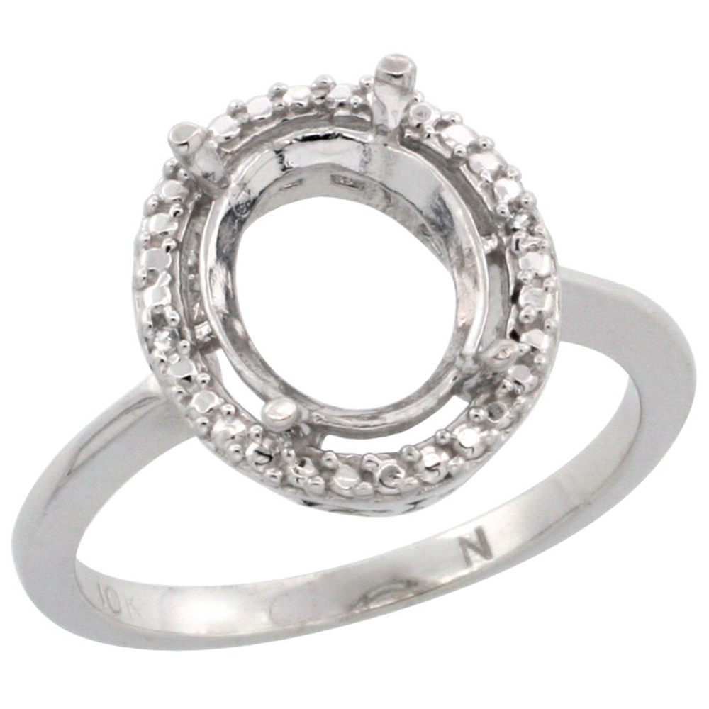 10k White Gold Semi-Mount Ring ( 10x8 mm ) Oval Stone &amp; 0.13 ct Diamond Accent, sizes 5 - 10