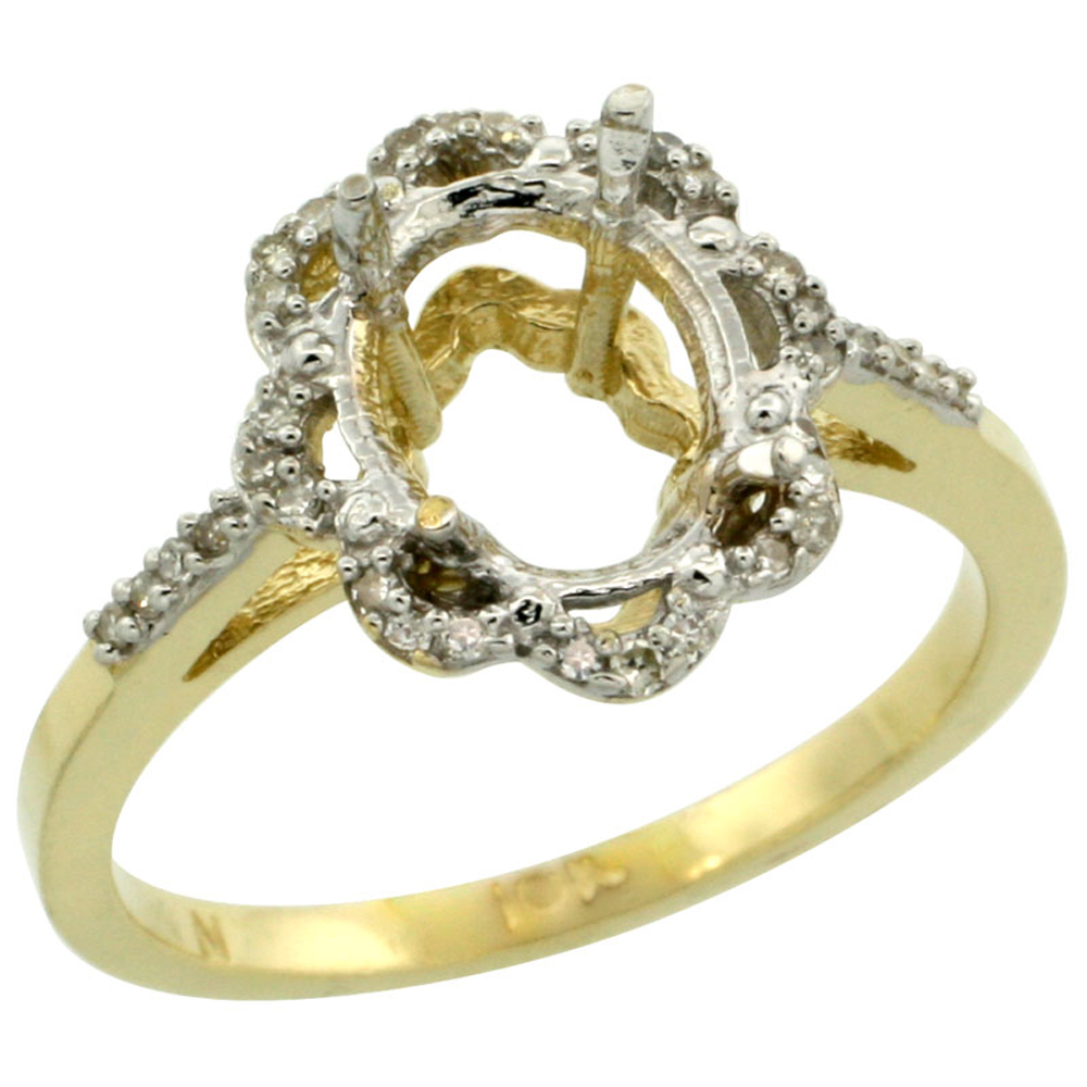10k Yellow Gold Semi-Mount Floral Ring ( 9x7 mm ) Oval Stone & 0.1 ct Diamond Accent, sizes 5 - 10