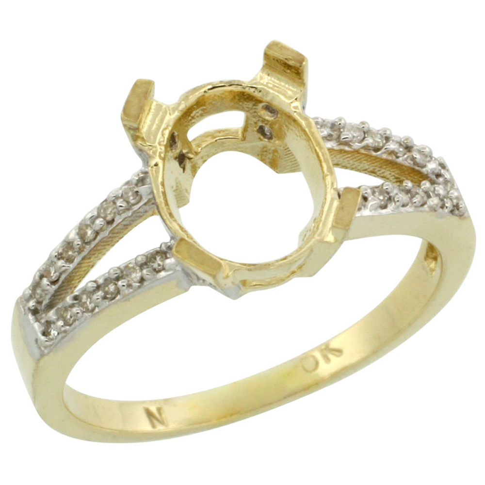 10k Yellow Gold Semi-Mount Ring ( 10x8 mm ) Oval Stone & 0.15 ct Diamond Accent, sizes 5 - 10