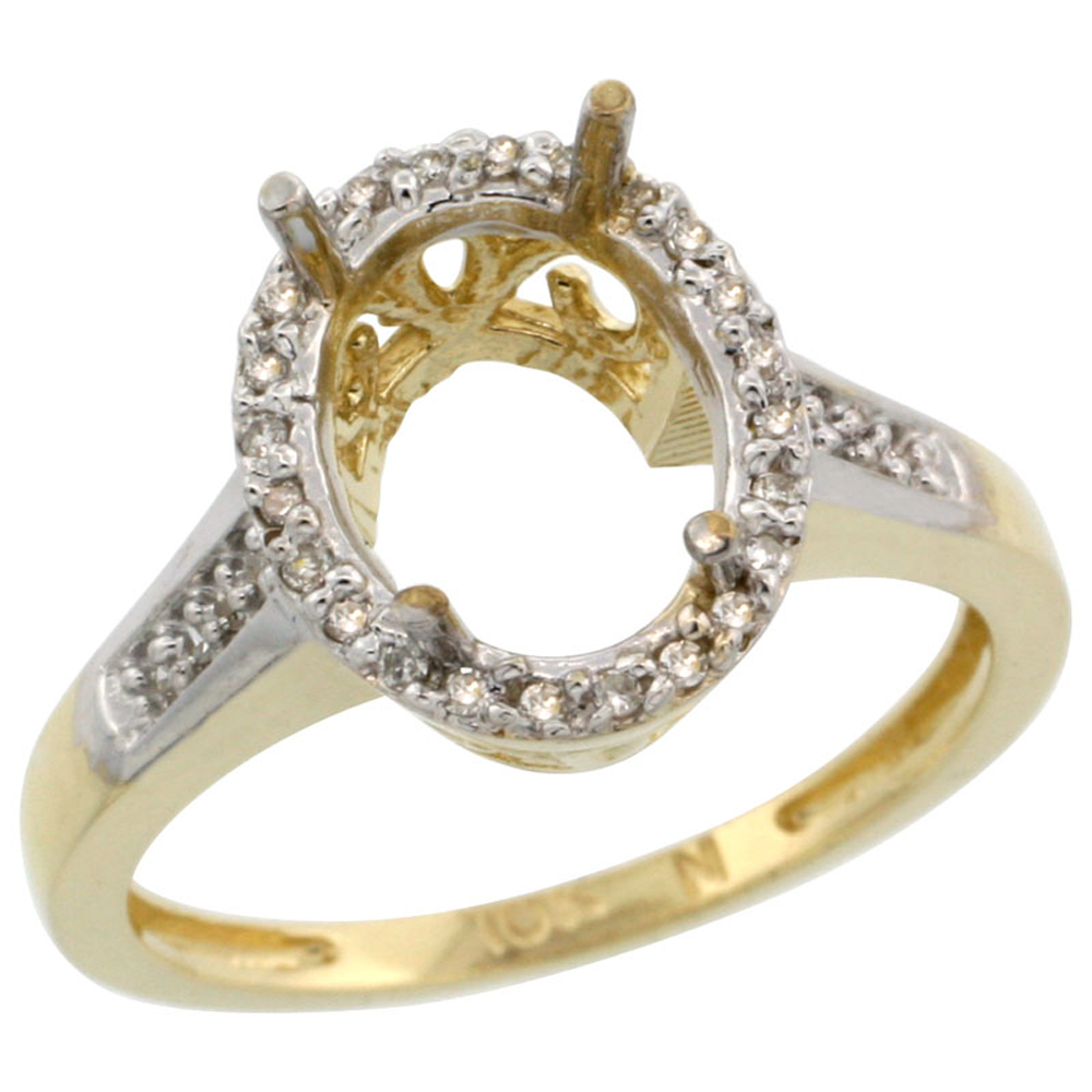 10k Yellow Gold Semi-Mount Ring ( 10x8 mm ) Oval Stone &amp; 0.2 ct Diamond Accent, sizes 5 - 10