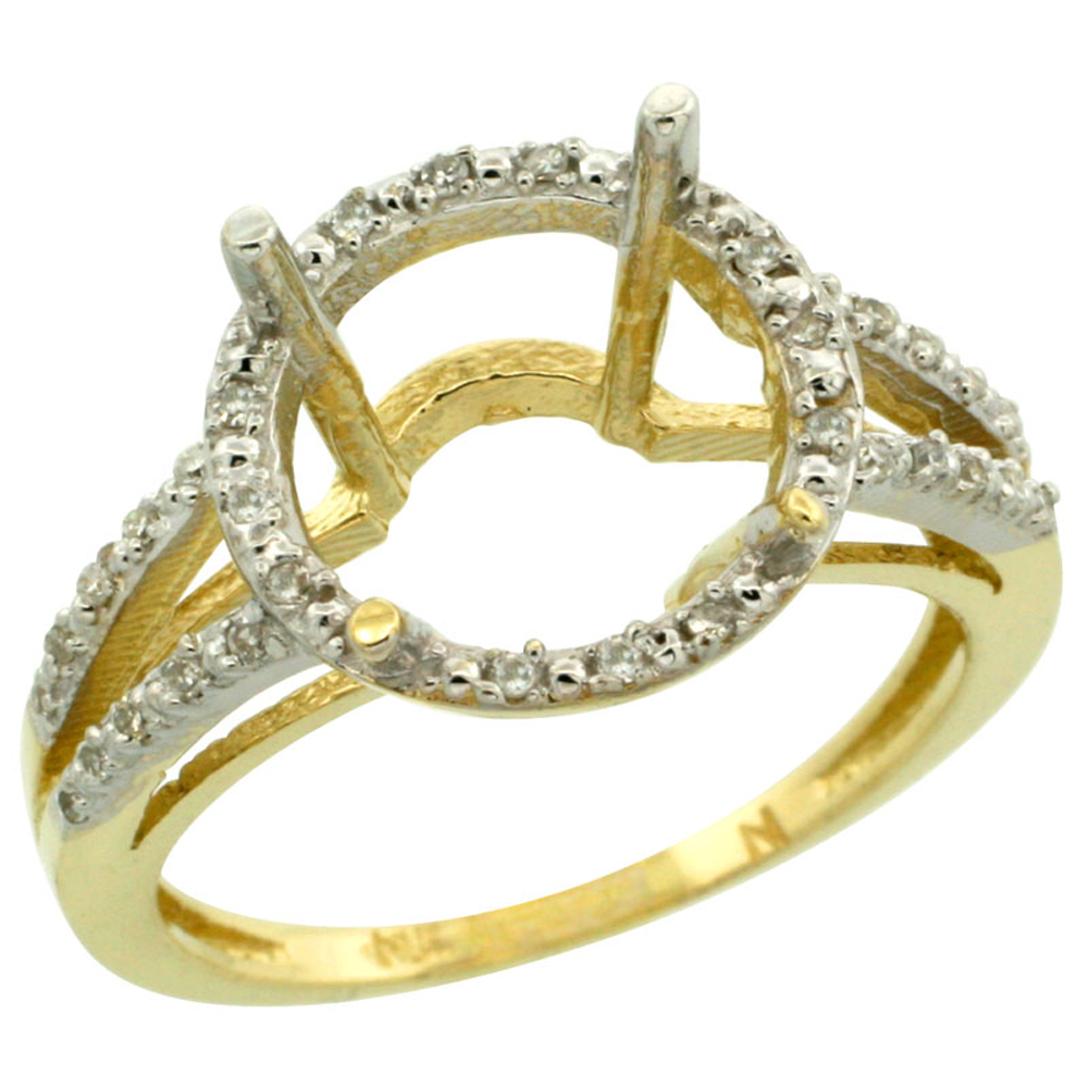 10k Yellow Gold Semi-Mount Ring ( 11 mm ) Large Round Stone &amp; 0.15 ct Diamond Accent, sizes 5 - 10