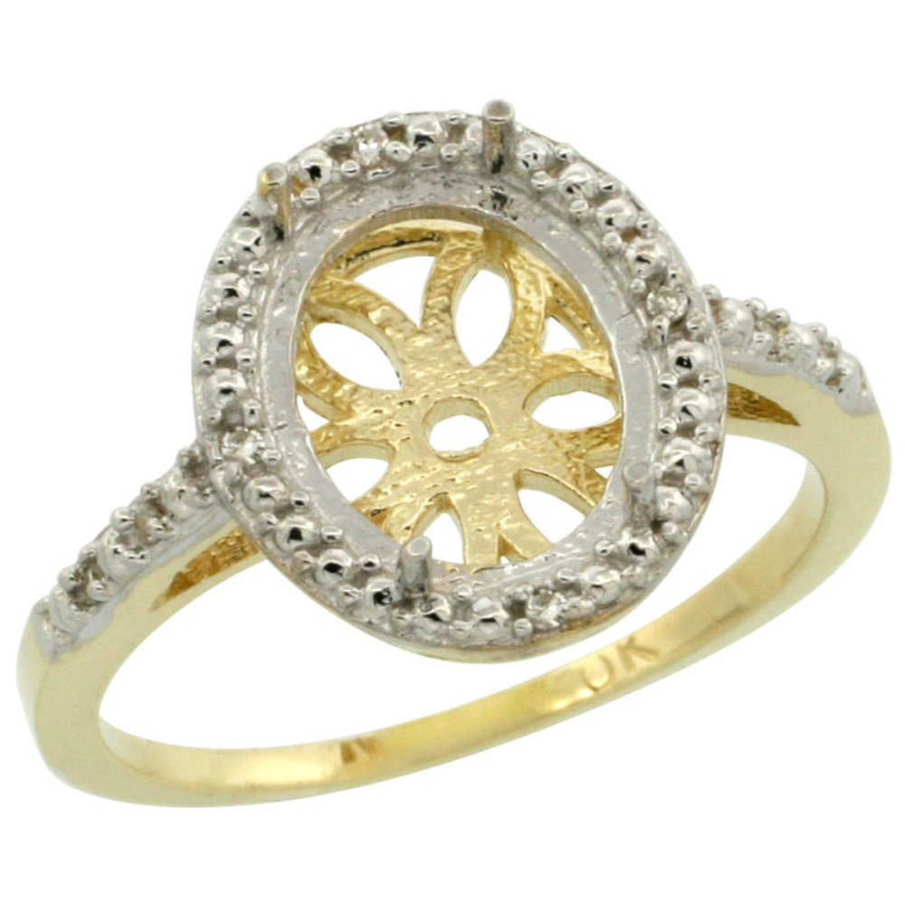 10k Yellow Gold Semi-Mount Ring ( 10x8 mm ) Oval Stone &amp; 0.05 ct Diamond Accent, sizes 5 - 10