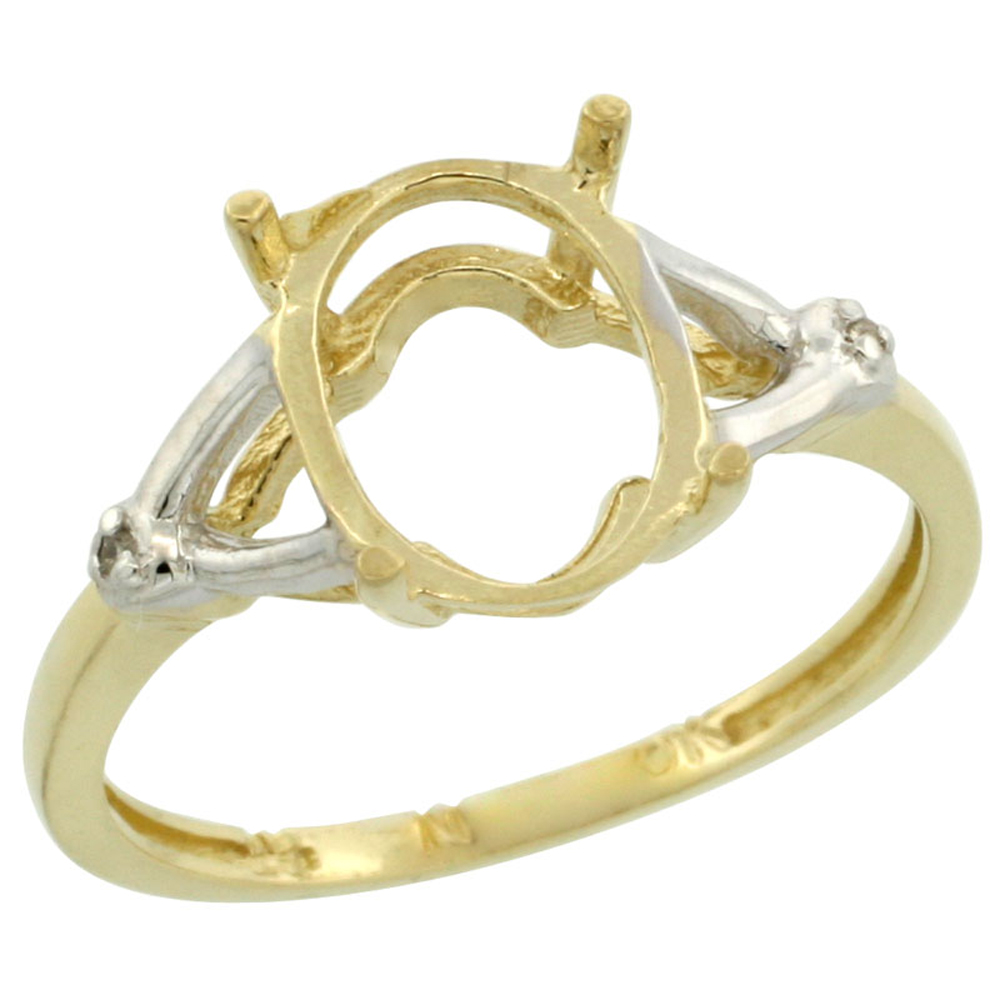 10k Yellow Gold Semi-Mount Ring ( 10x8 mm ) Oval Stone &amp; 0.01 ct Diamond Accent, sizes 5 - 10