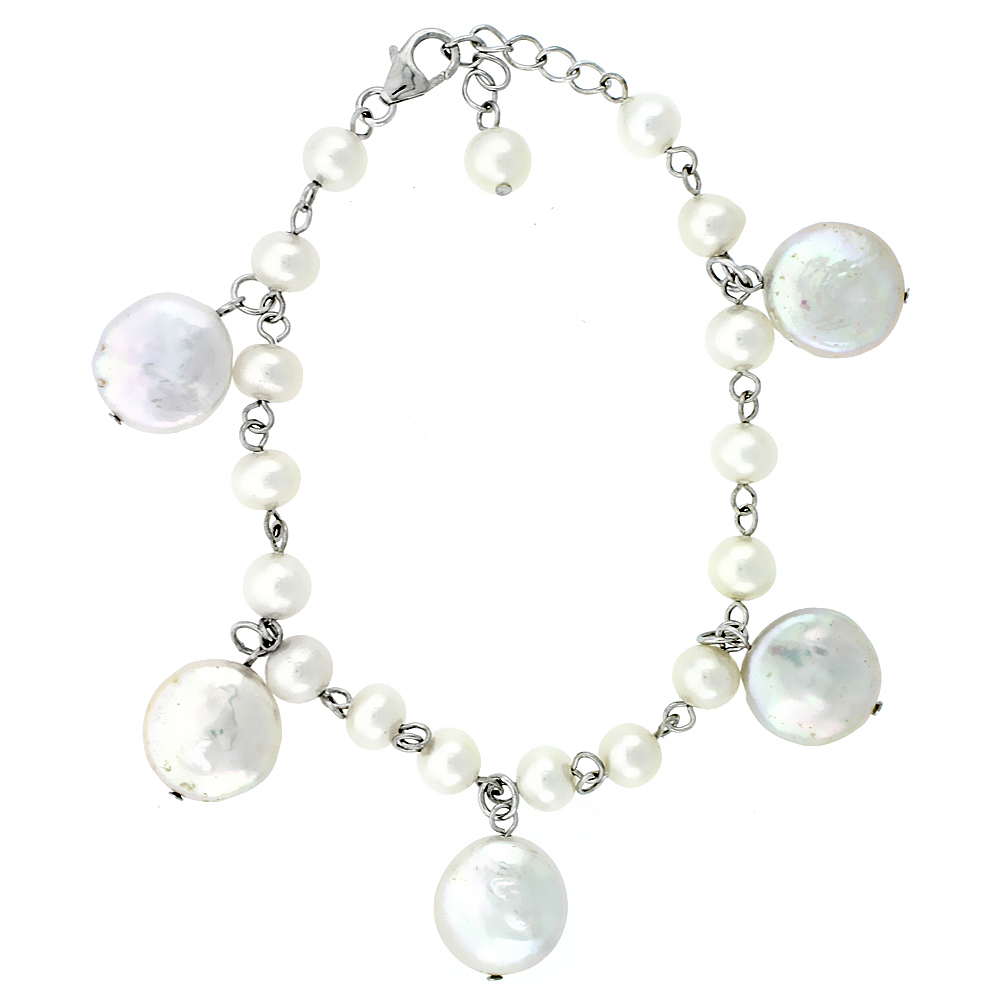 Sterling Silver Pearl Bracelet 14 mm and 5 mm Freshwater, 6.5 inch long + 1 in. Extension