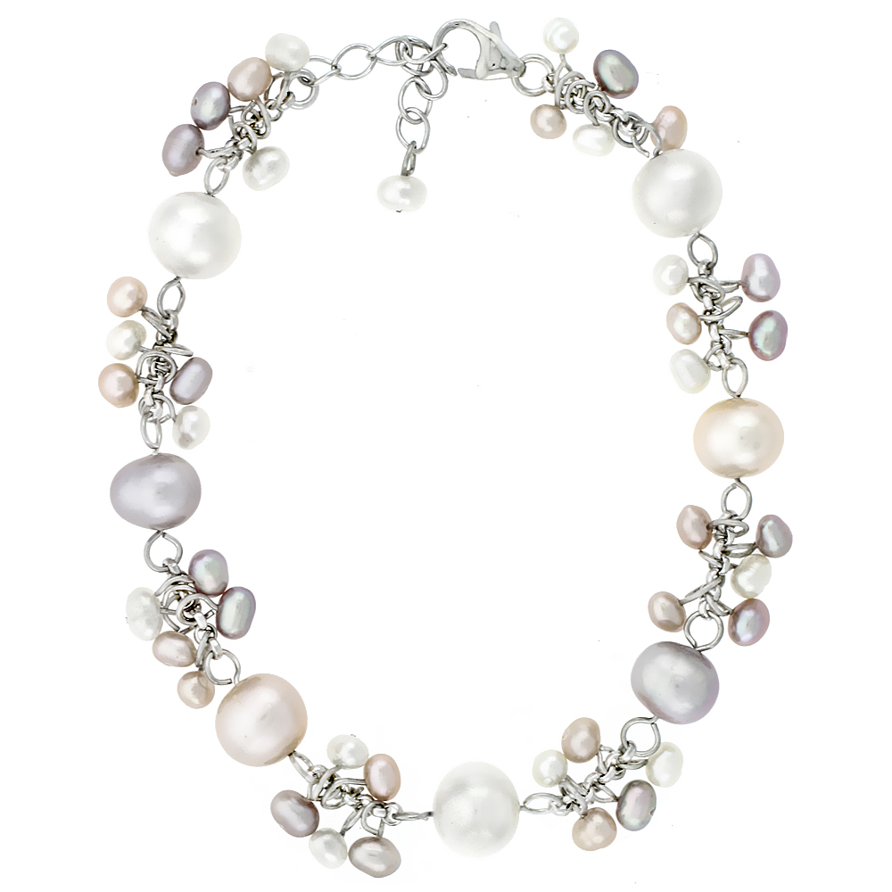 Sterling Silver Pearl Bracelet 8 and 4 mm Freshwater, 7 inch long + 1 in. Extension