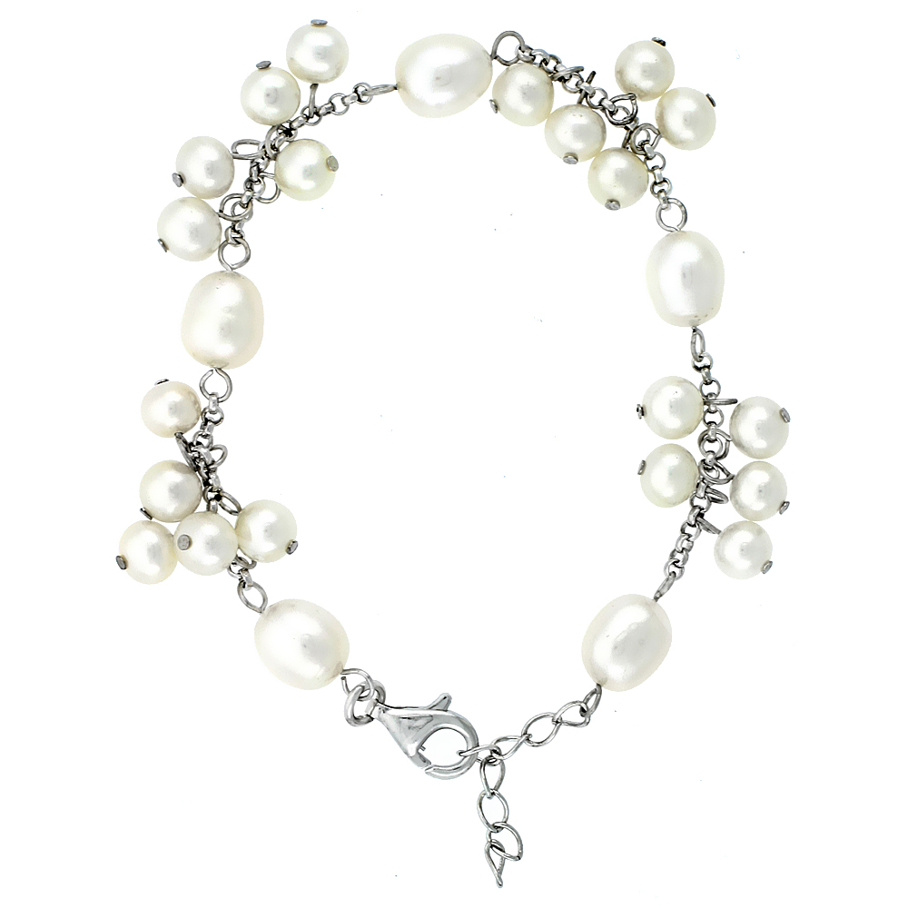 Sterling Silver Pearl Bracelet 8.5 and 5 mm Freshwater, 7 inch + 1 in. Extension
