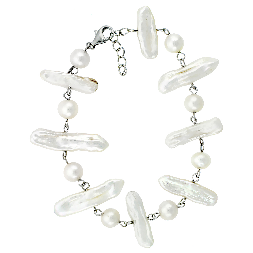 Sterling Silver Pearl Bracelet 7.5 mm and 22 mm Freshwater, 7.5 inch + 2&quot; Extension